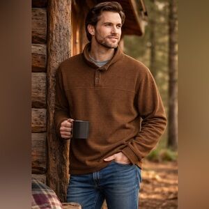 RedHead XL Brown Waffle Knit Henley Pullover Fleece Outdoor Cabin Core Sweater